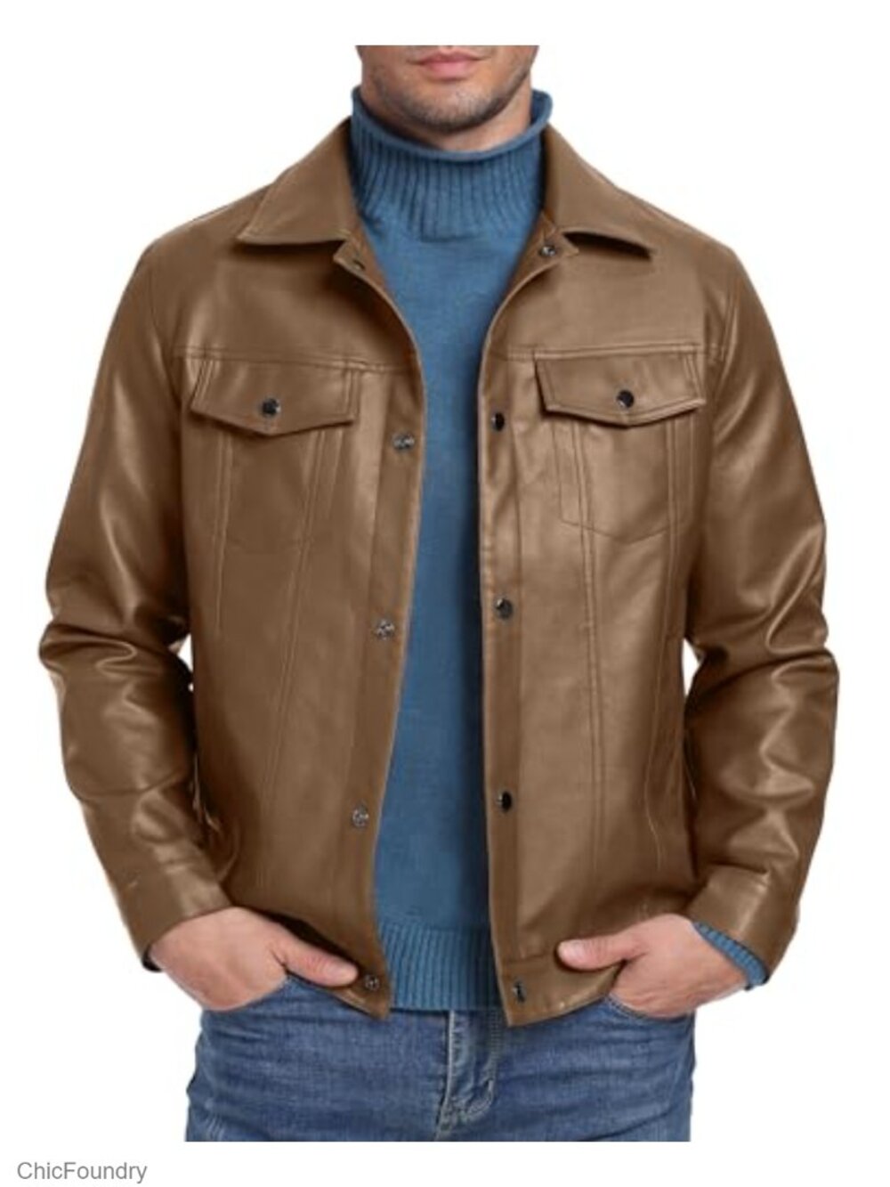 Faux Leather Bomber Jacket Men Snap Button Motorcycle Coat
